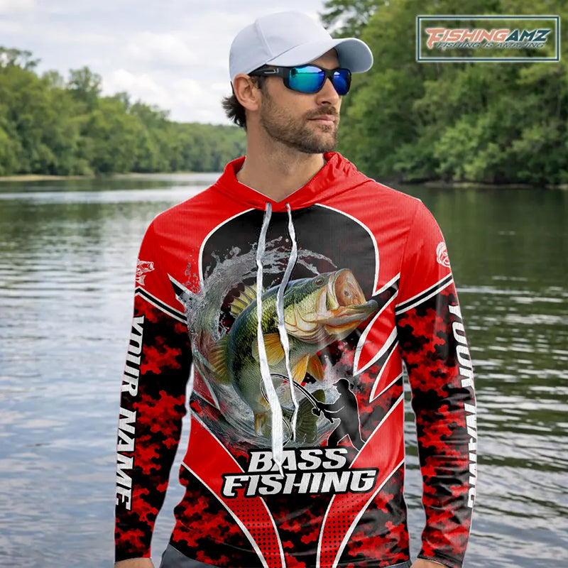 Personalized Bass Fishing Shirts Long Sleeve Hooded, UV Protection Shirt Customize Name | Red NHT394