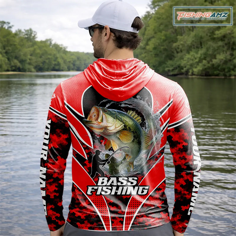 Personalized Bass Fishing Shirts Long Sleeve Hooded, UV Protection Shirt Customize Name | Red NHT394
