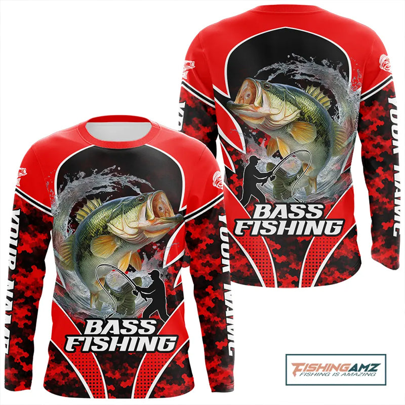 Personalized Bass Fishing Shirts Long Sleeve, UV Protection Shirt Customize Name Fishing | Red NHT394