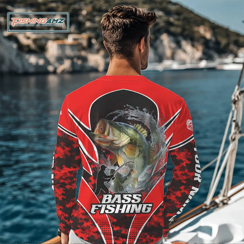 Personalized Bass Fishing Shirts Long Sleeve, UV Protection Shirt Customize Name Fishing | Red NHT394