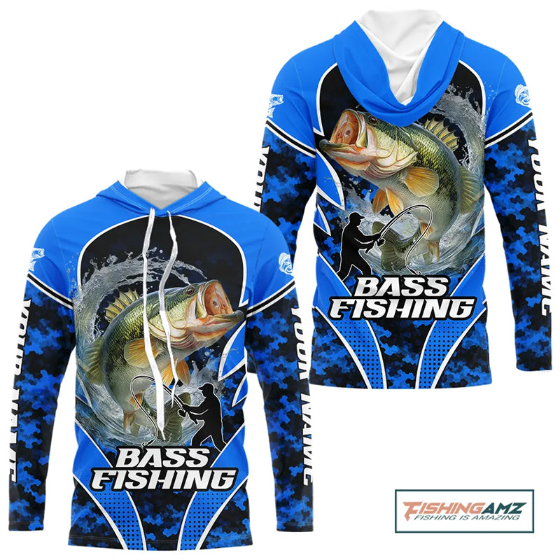 Personalized Bass Fishing Shirts Long Sleeve Hooded Scale, UV Protection Shirt Customize Name| Blue NHT395