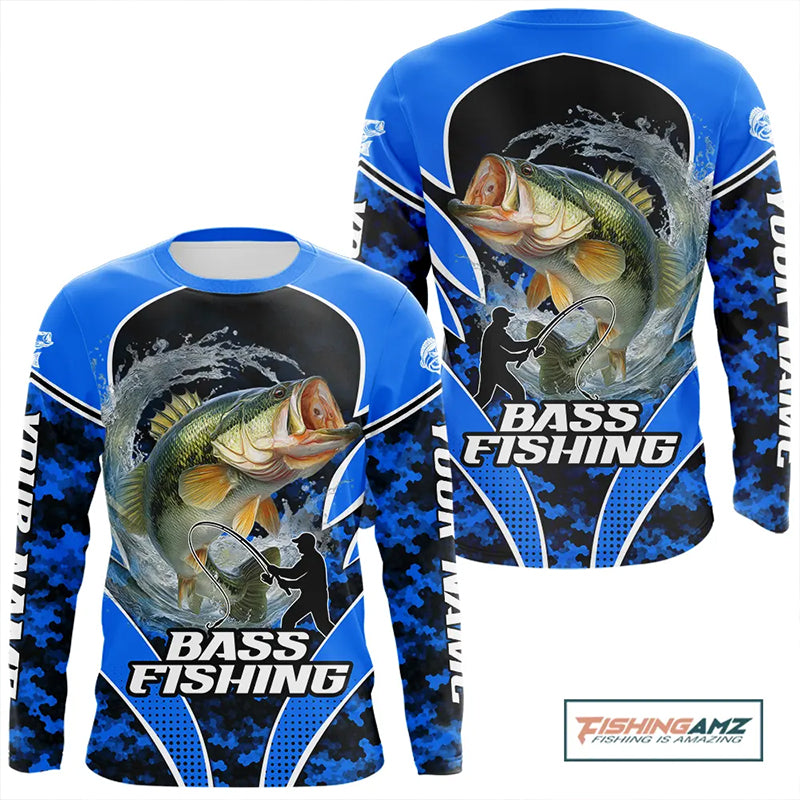 Personalized Bass Fishing Shirts Long Sleeve Scale, UV Protection Shirt Customize Name Fishing | Blue NHT395