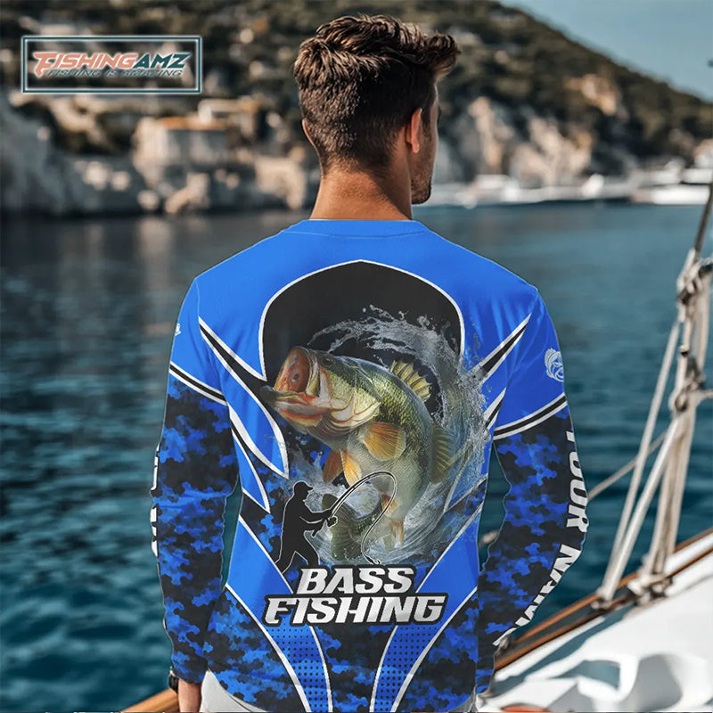 Personalized Bass Fishing Shirts Long Sleeve Scale, UV Protection Shirt Customize Name Fishing | Blue NHT395