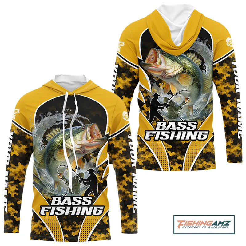 Personalized Bass Fishing Shirts Long Sleeve Hooded Scale, UV Protection Shirt Customize Name| Yellow NHT396