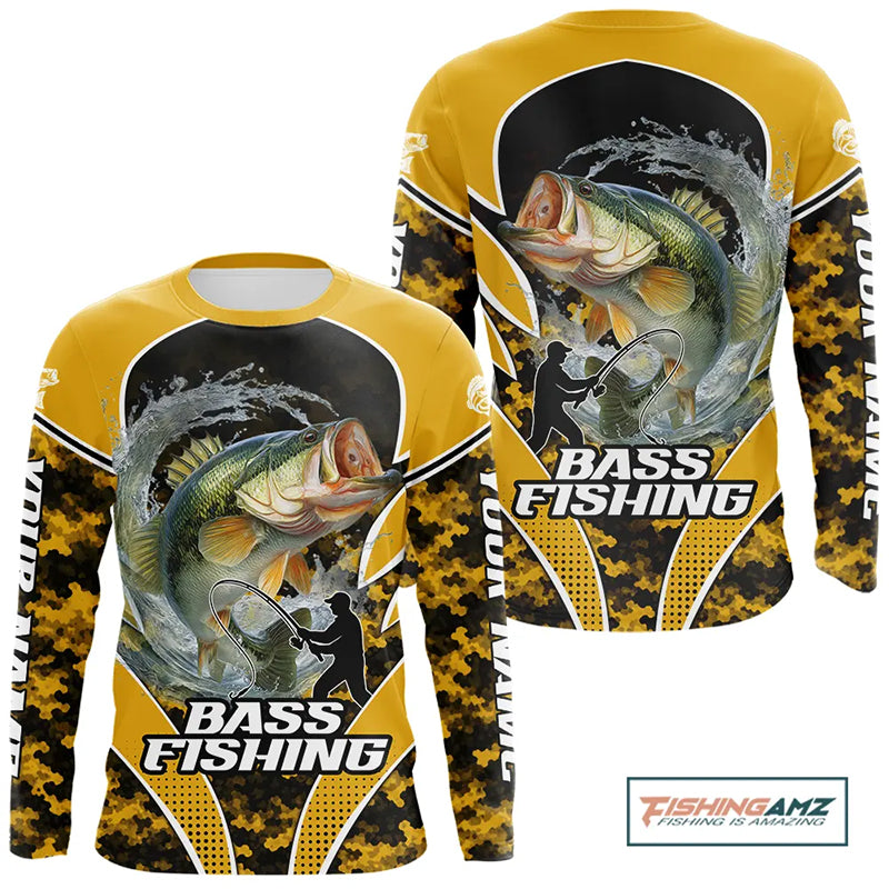 Personalized Bass Fishing Shirts Long Sleeve Scale, UV Protection Shirt Customize Name Fishing | Yellow NHT396