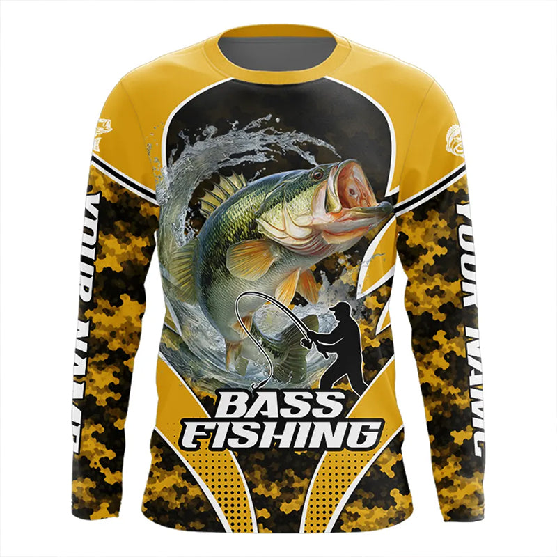 Personalized Bass Fishing Shirts Long Sleeve Scale, UV Protection Shirt Customize Name Fishing | Yellow NHT396