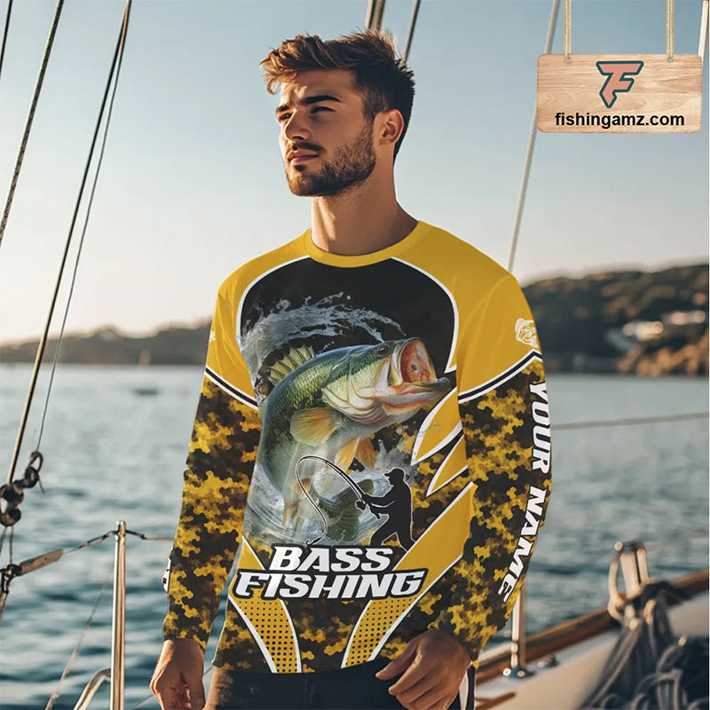 Personalized Bass Fishing Shirts Long Sleeve Scale, UV Protection Shirt Customize Name Fishing | Yellow NHT396