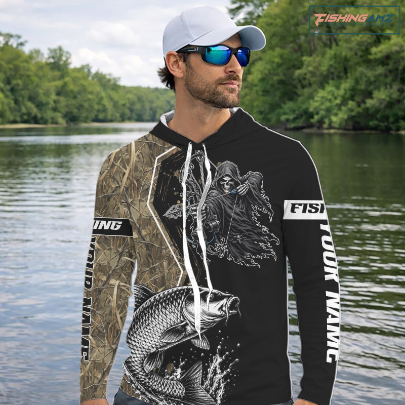 Bowfishing Shirt With Grim Reaper & Carp Fish Camo Design, Fishing Shirts Hooded Long Sleeve For Men NHT1371