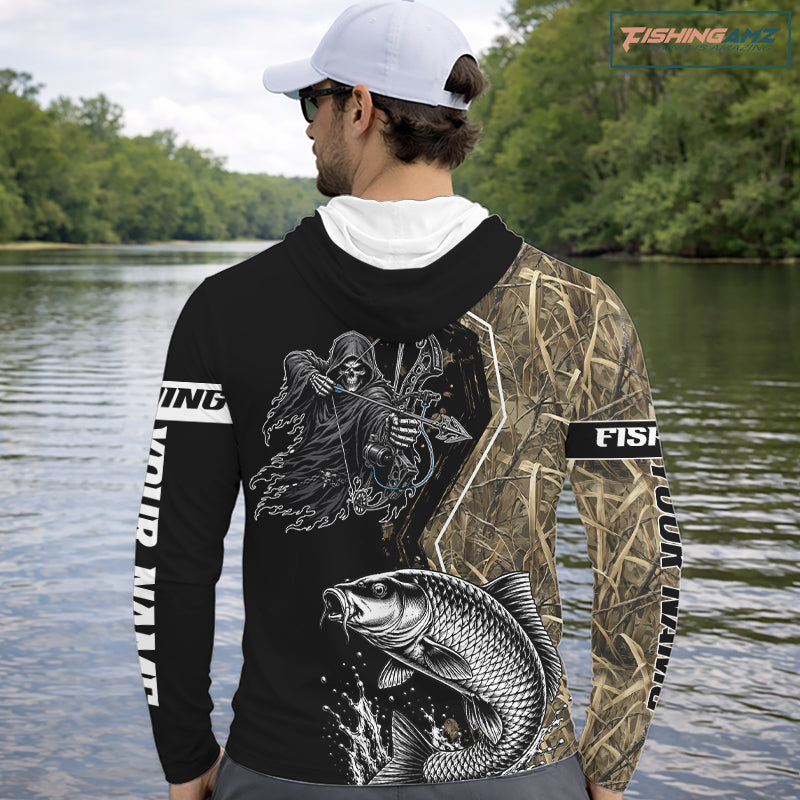 Bowfishing Shirt With Grim Reaper & Carp Fish Camo Design, Fishing Shirts Hooded Long Sleeve For Men NHT1371