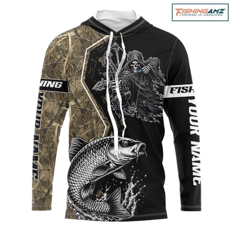 Bowfishing Shirt With Grim Reaper & Carp Fish Camo Design, Fishing Shirts Hooded Long Sleeve For Men NHT1371