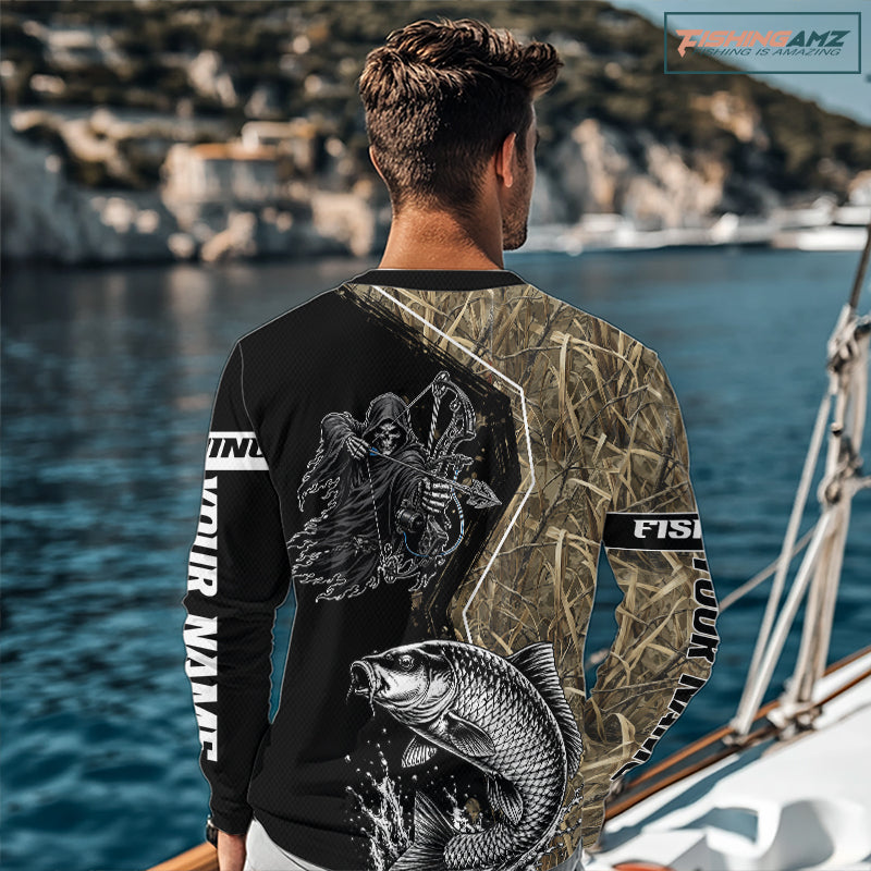 Bowfishing Shirt With Grim Reaper & Carp Fish Camo Design, Fishing Shirts Long Sleeve For Men NHT1371