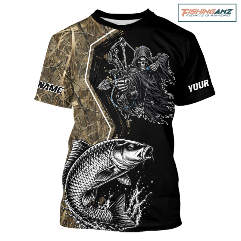 Bowfishing Shirt With Grim Reaper & Carp Fish Camo Design, Fishing Shirts Short Sleeve For Men NHT1371