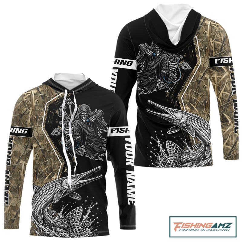 Bowfishing Shirt With Grim Reaper & Alligator Gar Fish Camo Design, Fishing Shirts Hooded For Men NHT1372
