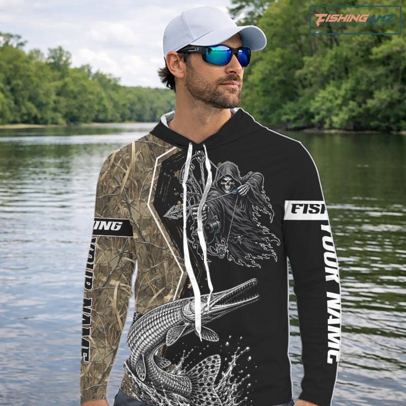 Bowfishing Shirt With Grim Reaper & Alligator Gar Fish Camo Design, Fishing Shirts Hooded For Men NHT1372