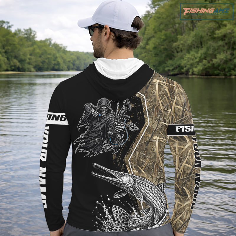 Bowfishing Shirt With Grim Reaper & Alligator Gar Fish Camo Design, Fishing Shirts Hooded For Men NHT1372
