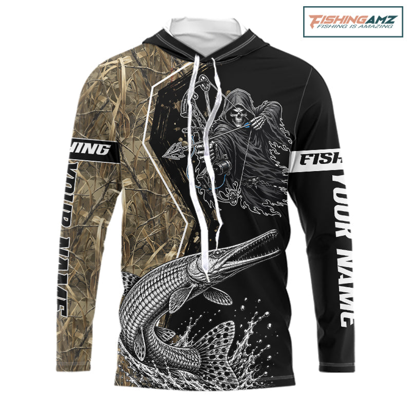 Bowfishing Shirt With Grim Reaper & Alligator Gar Fish Camo Design, Fishing Shirts Hooded For Men NHT1372