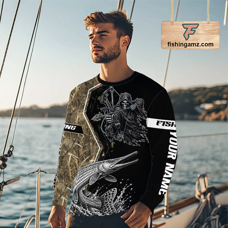 Bowfishing Shirt With Grim Reaper & Alligator Gar Fish Camo Design, Fishing Shirts For Men NHT1372