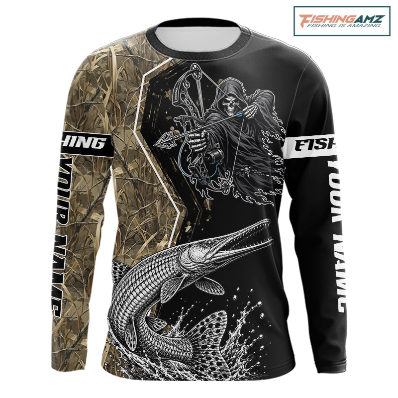 Bowfishing Shirt With Grim Reaper & Alligator Gar Fish Camo Design, Fishing Shirts For Men NHT1372