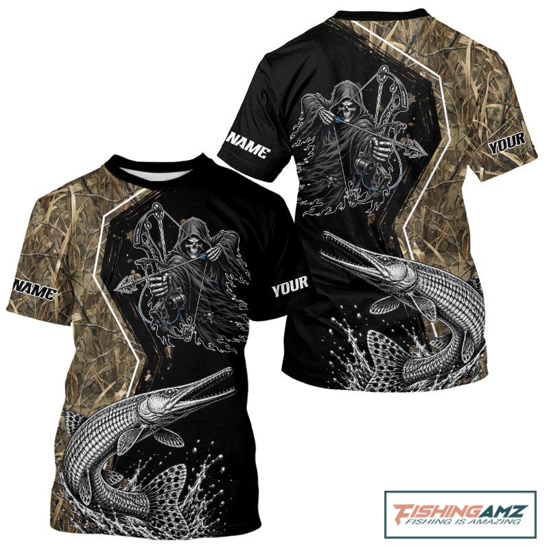 Bowfishing Shirt With Grim Reaper & Alligator Gar Fish Camo Design, Fishing Shirts Short Sleeve For Men NHT1372