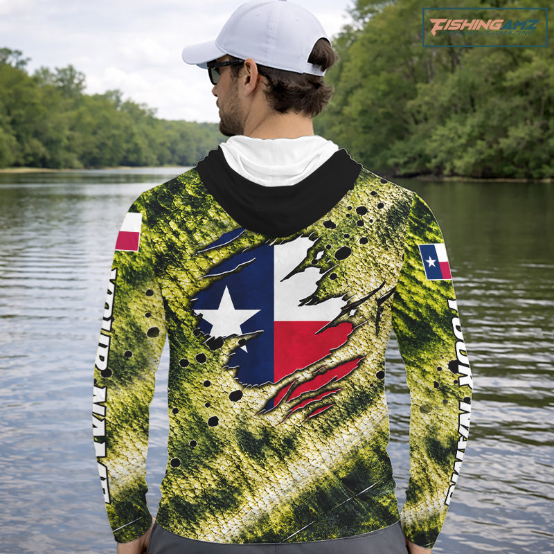 Largemouth Bass Fishing Shirt Custom Texas Flag  Scale Pattern Long Sleeve Hooded Apparel NHT1704