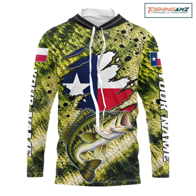Largemouth Bass Fishing Shirt Custom Texas Flag  Scale Pattern Long Sleeve Hooded Apparel NHT1704