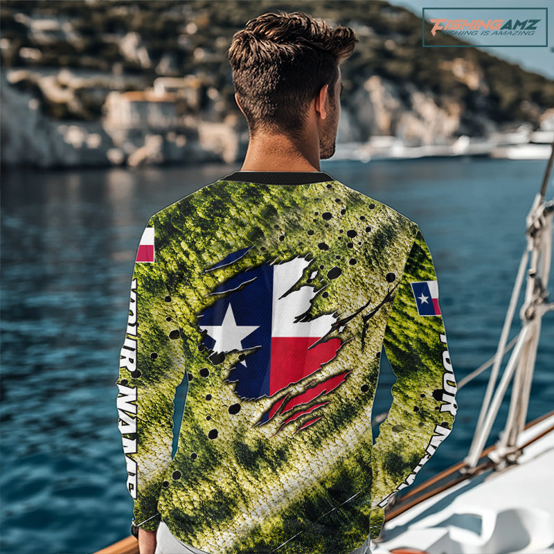 Largemouth Bass Fishing Shirt Custom Texas Flag  Scale Pattern Long Sleeve Apparel NHT1704