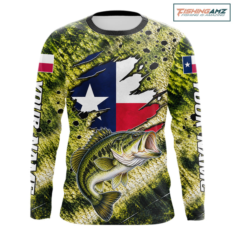 Largemouth Bass Fishing Shirt Custom Texas Flag  Scale Pattern Long Sleeve Apparel NHT1704