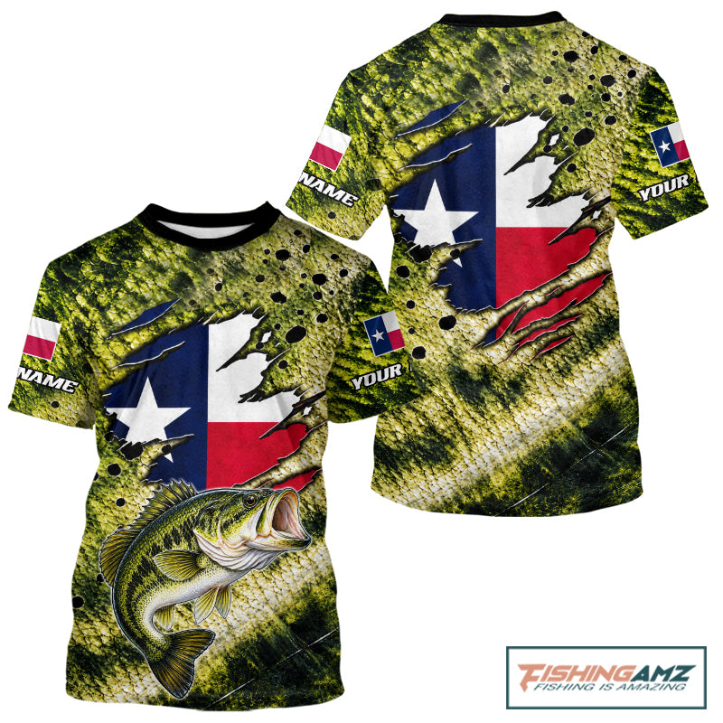 Largemouth Bass Fishing Shirt Custom Texas Flag  Scale Pattern Short Sleeve Apparel NHT1704