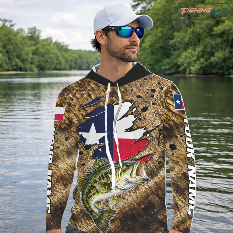 Largemouth Bass Fishing Shirt Custom Texas Flag Brown Scale Pattern Long Sleeve Hooded Apparel NHT1705