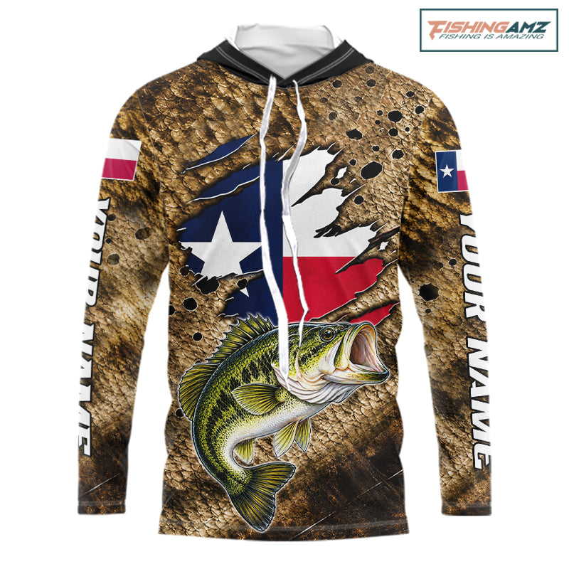 Largemouth Bass Fishing Shirt Custom Texas Flag Brown Scale Pattern Long Sleeve Hooded Apparel NHT1705