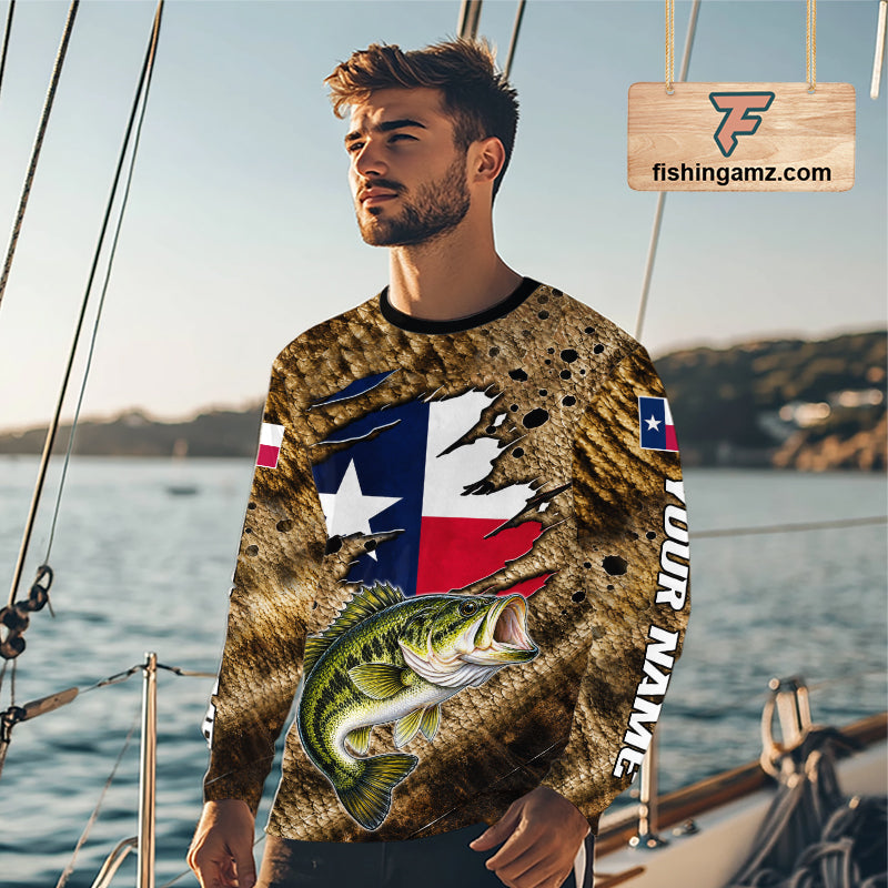 Largemouth Bass Fishing Shirt Custom Texas Flag Brown Scale Pattern Long Sleeve Apparel NHT1705