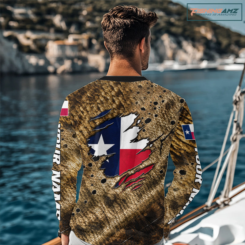 Largemouth Bass Fishing Shirt Custom Texas Flag Brown Scale Pattern Long Sleeve Apparel NHT1705