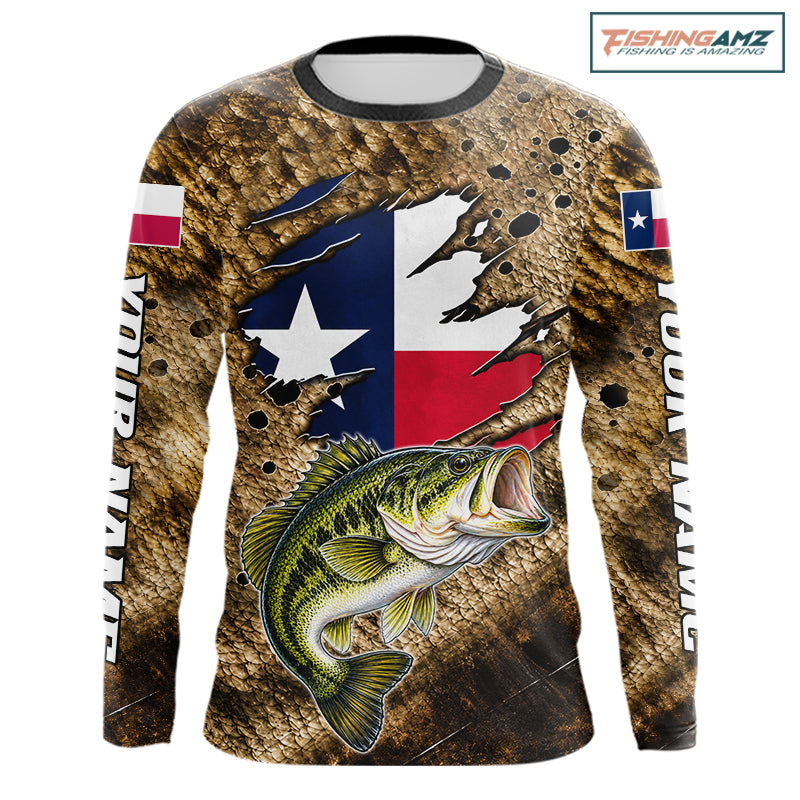 Largemouth Bass Fishing Shirt Custom Texas Flag Brown Scale Pattern Long Sleeve Apparel NHT1705