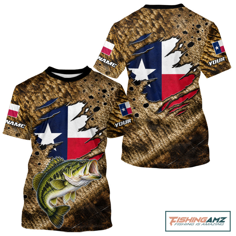 Largemouth Bass Fishing Shirt Custom Texas Flag Brown Scale Pattern Short Sleeve Apparel NHT1705