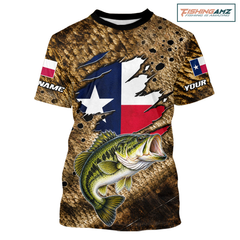 Largemouth Bass Fishing Shirt Custom Texas Flag Brown Scale Pattern Short Sleeve Apparel NHT1705