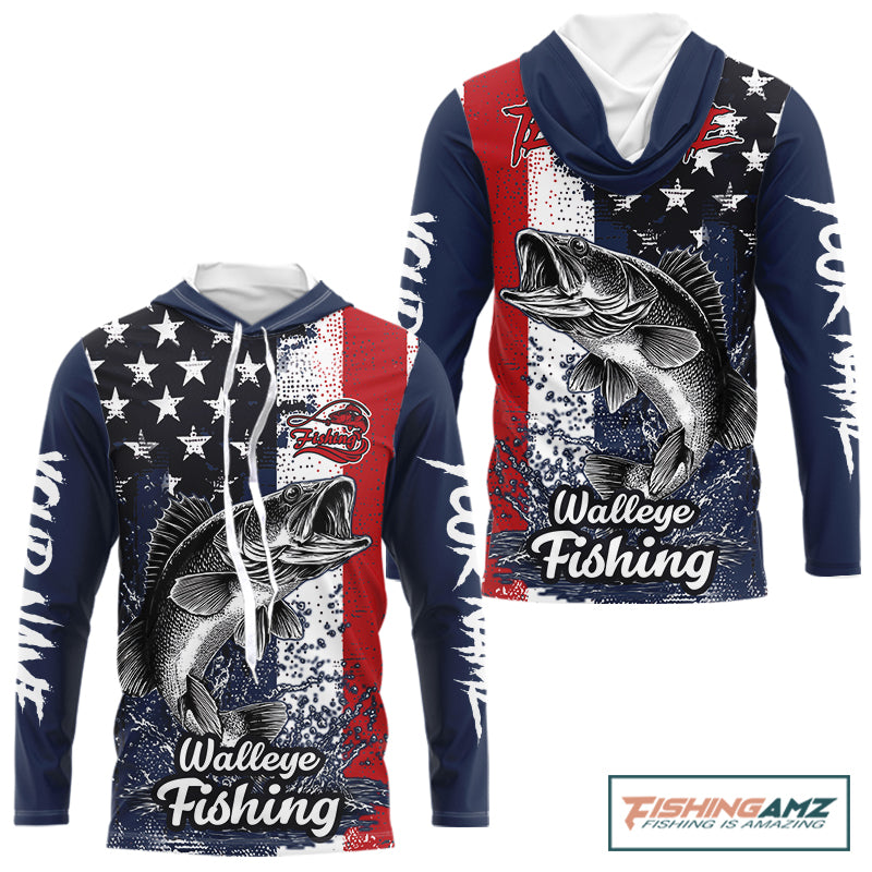 Walleye custom US flag long sleeve hooded fishing shirt, men's fishing shirt