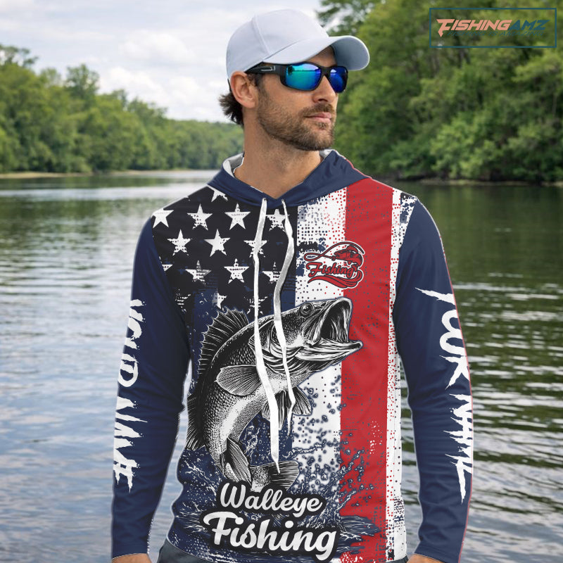 Walleye custom US flag long sleeve hooded fishing shirt, men's fishing shirt