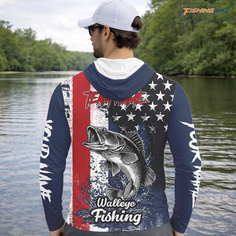 Walleye custom US flag long sleeve fishing shirt, men's fishing shirt