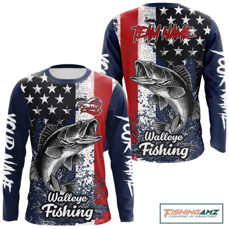 Walleye custom US flag long sleeve fishing shirt, men's fishing shirt