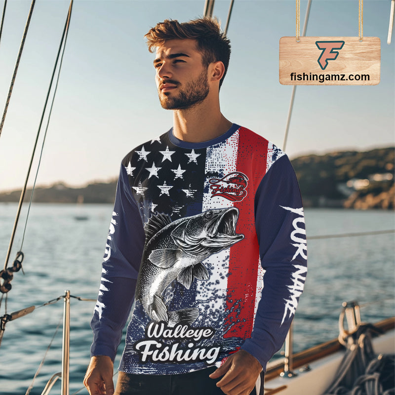 Walleye custom US flag long sleeve fishing shirt, men's fishing shirt