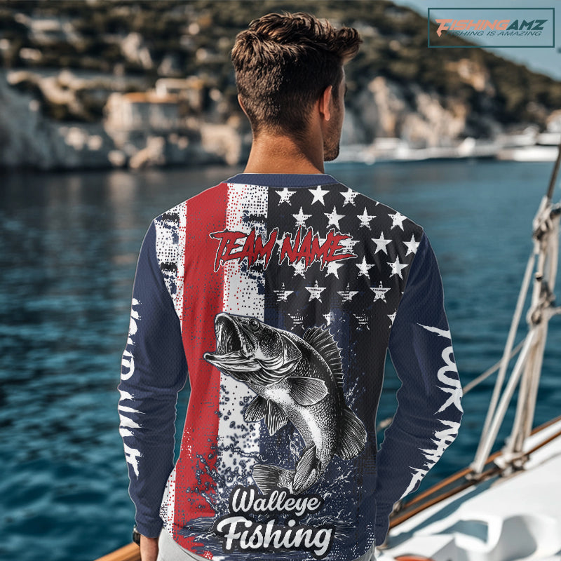 Walleye custom US flag long sleeve fishing shirt, men's fishing shirt