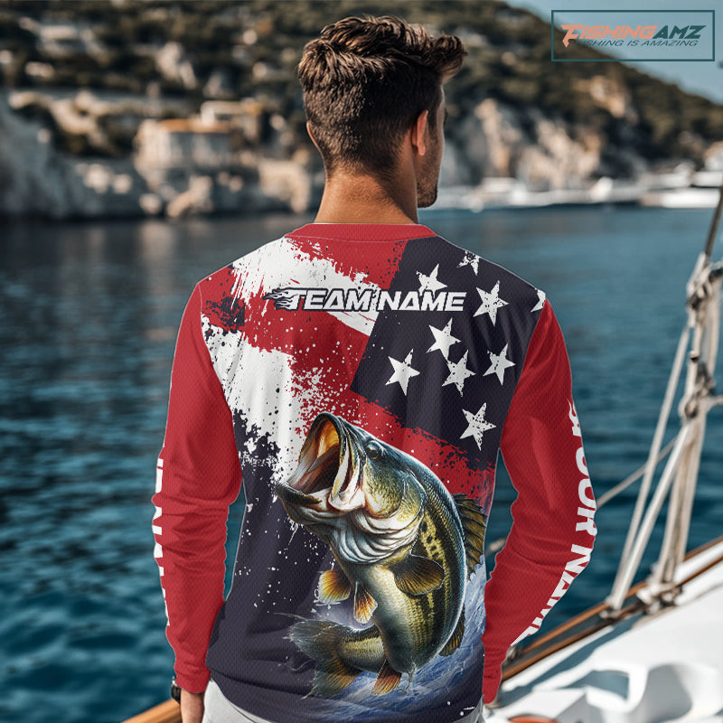 Personalized Bass Fishing Jerseys, Custom American Flag Bass Fishing Shirts Long Sleeve NHT414