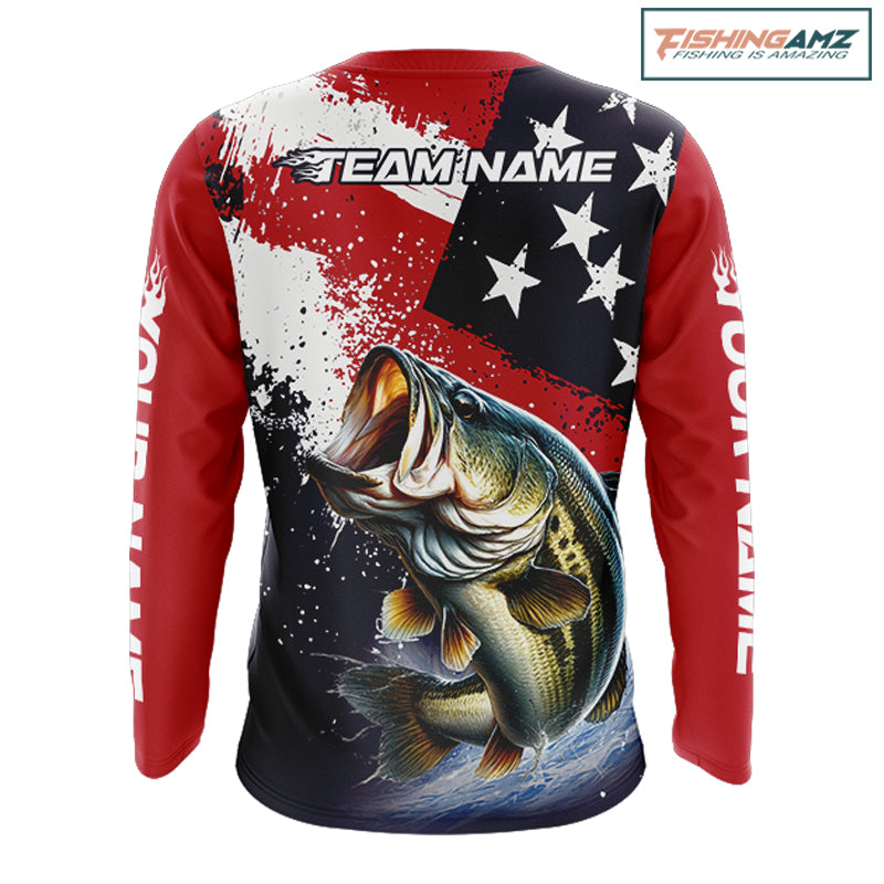 Personalized Bass Fishing Jerseys, Custom American Flag Bass Fishing Shirts Long Sleeve