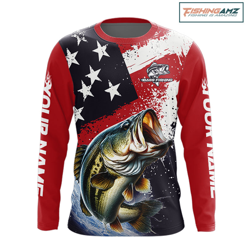 Personalized Bass Fishing Jerseys, Custom American Flag Bass Fishing Shirts Long Sleeve
