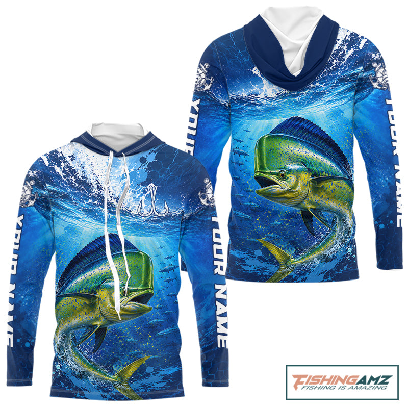 Mahi Mahi Fishing Jersey Ocean Blue 3D All Over Print Long Sleeve Hooded Performance Shirt 