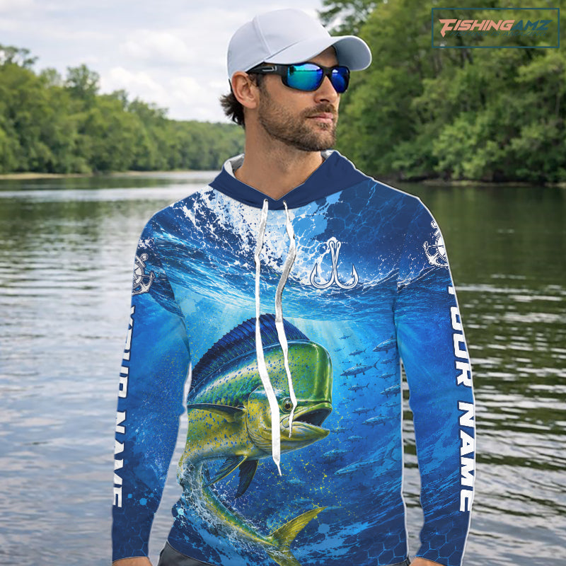Mahi Mahi Fishing Jersey Ocean Blue 3D All Over Print Long Sleeve Hooded Performance Shirt NHT1083