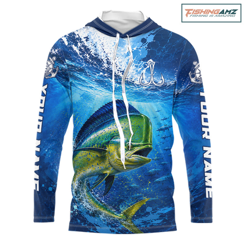 Mahi Mahi Fishing Jersey Ocean Blue 3D All Over Print Long Sleeve Hooded Performance Shirt 