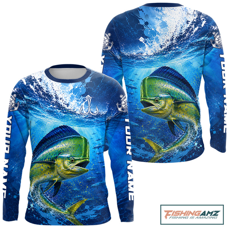 Mahi Mahi Fishing Jersey Ocean Blue 3D All Over Print Long Sleeve Performance Shirt 
