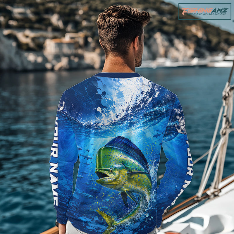Mahi Mahi Fishing Jersey Ocean Blue 3D All Over Print Long Sleeve Performance Shirt 