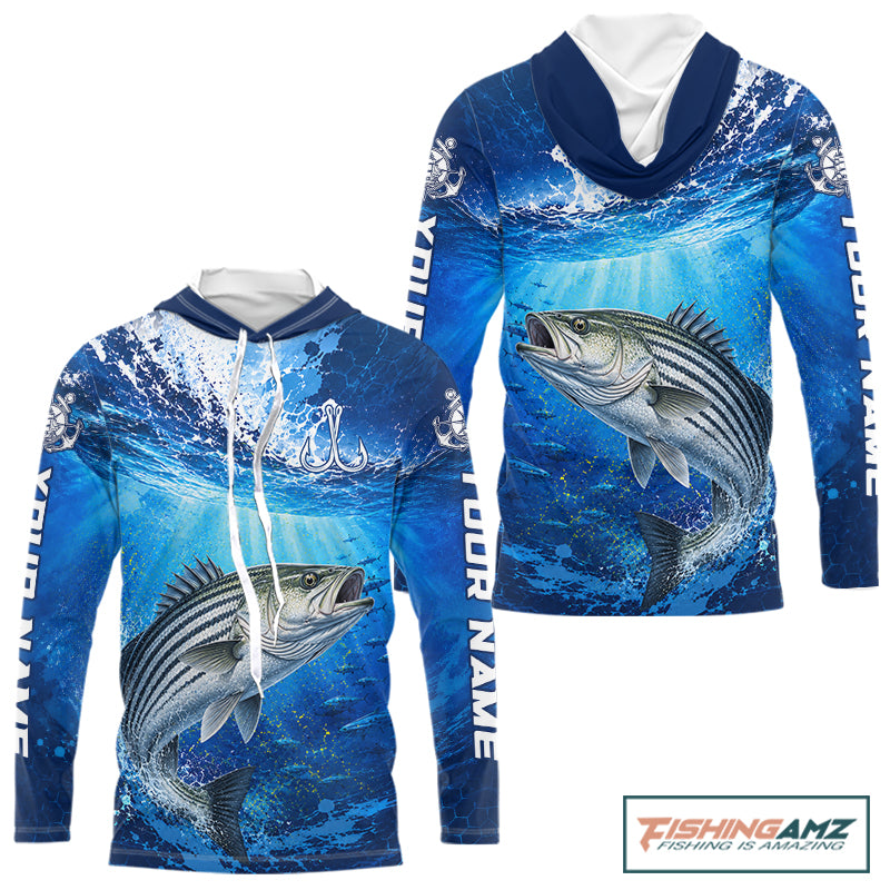Striped Bass Fishing Jersey Ocean Blue 3D All Over Print Long Sleeve Hooded Performance Shirt 